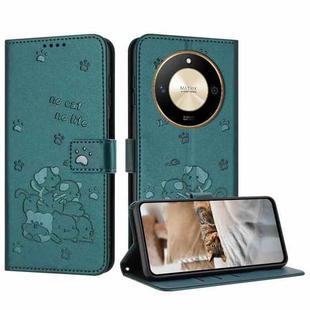 For Honor X50 / X9b Embossed Kitten Phone Leather Case with Lanyard(Dark Green)