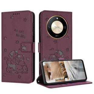 For Honor X50 / X9b Embossed Kitten Phone Leather Case with Lanyard(Wine Red)