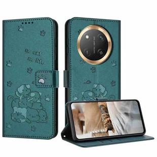 For Honor X9c Embossed Kitten Phone Leather Case with Lanyard(Dark Green)