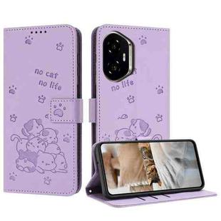 For Honor 300 Embossed Kitten Phone Leather Case with Lanyard(Purple)