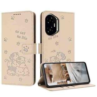 For Honor 300 Embossed Kitten Phone Leather Case with Lanyard(Beige)