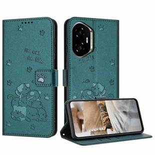 For Honor 300 Embossed Kitten Phone Leather Case with Lanyard(Dark Green)