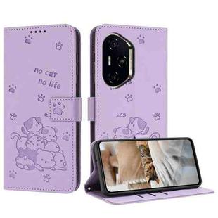 For Honor 300 Pro Embossed Kitten Phone Leather Case with Lanyard(Purple)