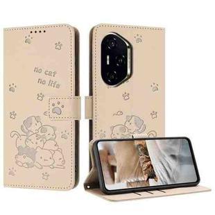 For Honor 300 Pro Embossed Kitten Phone Leather Case with Lanyard(Beige)