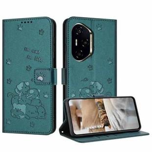 For Honor 300 Pro Embossed Kitten Phone Leather Case with Lanyard(Dark Green)