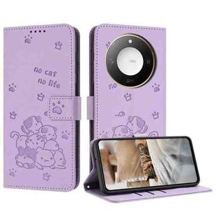 For Honor X60 / X9c Smart Embossed Kitten Phone Leather Case with Lanyard(Purple)