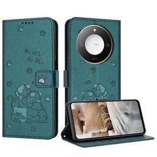 For Honor X60 / X9c Smart Embossed Kitten Phone Leather Case with Lanyard(Dark Green)