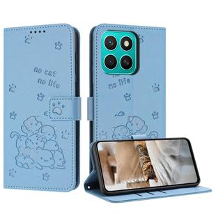For Honor X8c 4G Embossed Kitten Phone Leather Case with Lanyard(Blue)