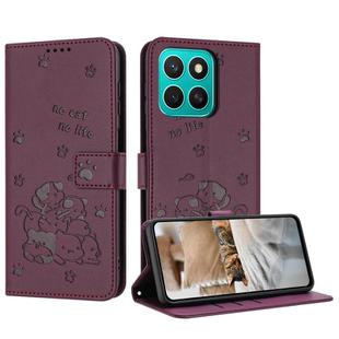 For Honor X8c 4G Embossed Kitten Phone Leather Case with Lanyard(Wine Red)