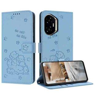 For Honor 400 Embossed Kitten Phone Leather Case with Lanyard(Blue)