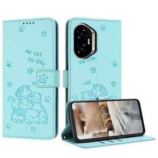 For Honor 400 Embossed Kitten Phone Leather Case with Lanyard(Mint Green)