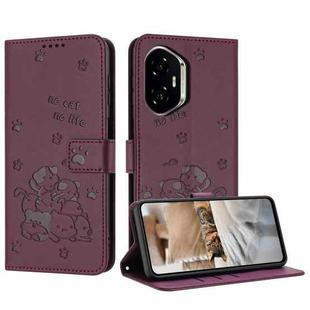 For Honor 400 Embossed Kitten Phone Leather Case with Lanyard(Wine Red)