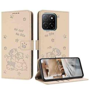 For Honor X6c 4G Embossed Kitten Phone Leather Case with Lanyard(Beige)