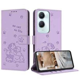 For vivo Y03 4G / Y18 / Y18e Embossed Kitten Phone Leather Case with Lanyard(Purple)