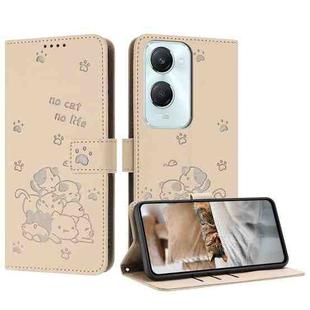 For vivo Y03 4G / Y18 / Y18e Embossed Kitten Phone Leather Case with Lanyard(Beige)