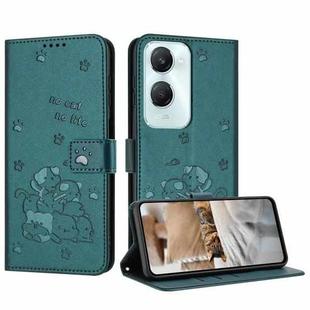 For vivo Y03 4G / Y18 / Y18e Embossed Kitten Phone Leather Case with Lanyard(Dark Green)