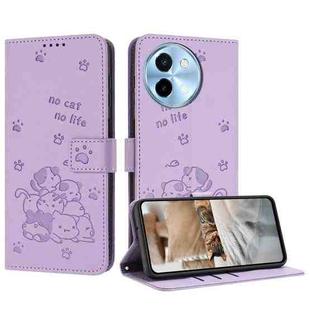 For vivo Y38 5G Global Embossed Kitten Phone Leather Case with Lanyard(Purple)