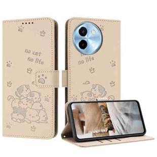 For vivo Y38 5G Global Embossed Kitten Phone Leather Case with Lanyard(Beige)