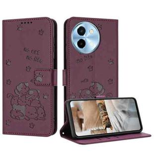 For vivo Y38 5G Global Embossed Kitten Phone Leather Case with Lanyard(Wine Red)