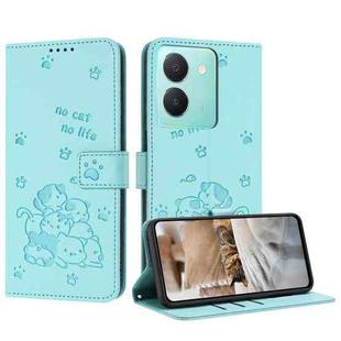 For vivo Y36 4G / 5G Global Embossed Kitten Phone Leather Case with Lanyard(Mint Green)