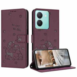 For vivo Y36 4G / 5G Global Embossed Kitten Phone Leather Case with Lanyard(Wine Red)