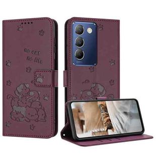 For vivo Y100 IDN / Y200e 5G Global Embossed Kitten Phone Leather Case with Lanyard(Wine Red)