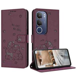 For vivo Y19s Embossed Kitten Phone Leather Case with Lanyard(Wine Red)