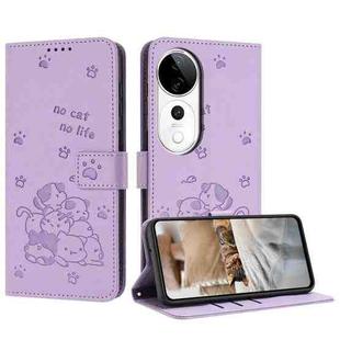 For vivo V40 / V40 Pro / T3 Ultra Embossed Kitten Phone Leather Case with Lanyard(Purple)