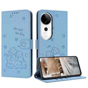 For vivo V40 / V40 Pro / T3 Ultra Embossed Kitten Phone Leather Case with Lanyard(Blue)