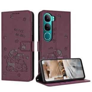 For vivo Y300 Global / V40 Lite IDN Embossed Kitten Phone Leather Case with Lanyard(Wine Red)