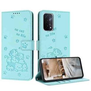 For OnePlus Nord N200 5G Embossed Kitten Phone Leather Case with Lanyard(Mint Green)