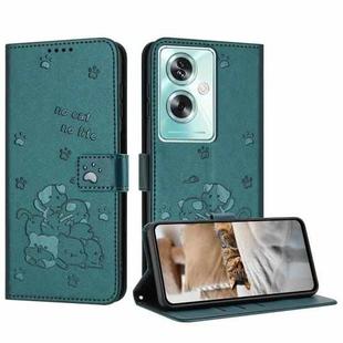 For OnePlus Nord N30 SE 5G Global Embossed Kitten Phone Leather Case with Lanyard(Dark Green)