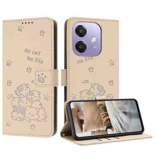 For OPPO A3x 5G India / A3 4G Embossed Kitten Phone Leather Case with Lanyard(Beige)