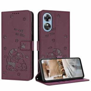 For OPPO A58 4G Embossed Kitten Phone Leather Case with Lanyard(Wine Red)