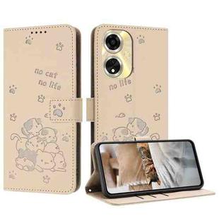 For OPPO A59 5G Global Embossed Kitten Phone Leather Case with Lanyard(Beige)