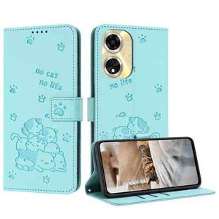 For OPPO A59 5G Global Embossed Kitten Phone Leather Case with Lanyard(Mint Green)