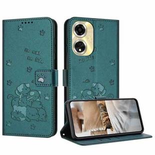 For OPPO A59 5G Global Embossed Kitten Phone Leather Case with Lanyard(Dark Green)