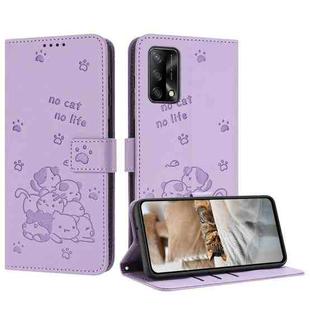 For OPPO A74 4G / F19 / F19s Embossed Kitten Phone Leather Case with Lanyard(Purple)