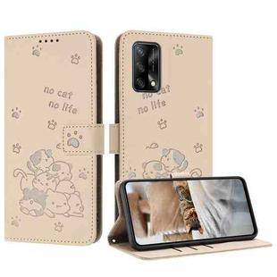 For OPPO A74 4G / F19 / F19s Embossed Kitten Phone Leather Case with Lanyard(Beige)