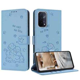 For OPPO A74 5G / A93 5G Embossed Kitten Phone Leather Case with Lanyard(Blue)