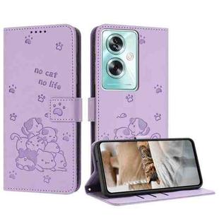 For OPPO A79 5G Global Embossed Kitten Phone Leather Case with Lanyard(Purple)