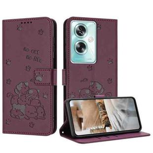 For OPPO A79 5G Global Embossed Kitten Phone Leather Case with Lanyard(Wine Red)