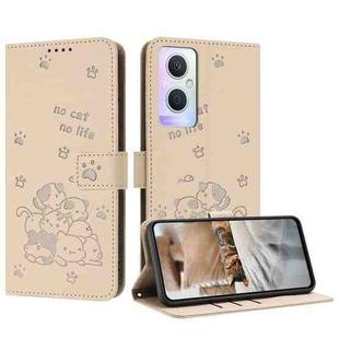 For OPPO Reno7 Z Global Embossed Kitten Phone Leather Case with Lanyard(Beige)