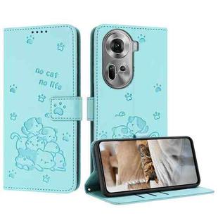 For OPPO Reno11 5G Global Embossed Kitten Phone Leather Case with Lanyard(Mint Green)