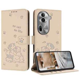 For OPPO Reno11 Pro Global Embossed Kitten Phone Leather Case with Lanyard(Beige)