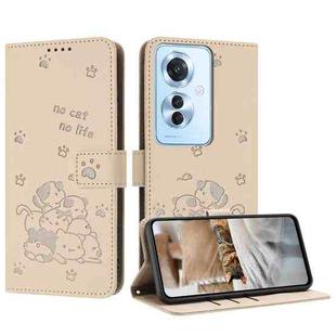 For OPPO Reno11 F Global Embossed Kitten Phone Leather Case with Lanyard(Beige)