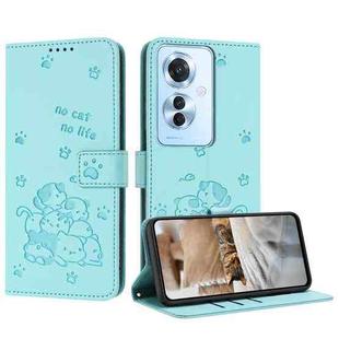 For OPPO Reno11 F Global Embossed Kitten Phone Leather Case with Lanyard(Mint Green)