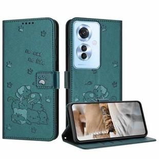 For OPPO Reno11 F Global Embossed Kitten Phone Leather Case with Lanyard(Dark Green)