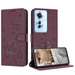 For OPPO Reno11 F Global Embossed Kitten Phone Leather Case with Lanyard(Wine Red)