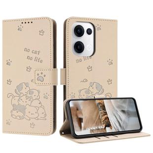 For OPPO Reno13 5G Global Embossed Kitten Phone Leather Case with Lanyard(Beige)